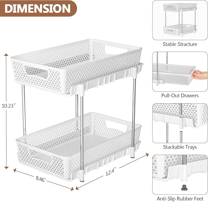 DABIGE 2 Pack Pull Out Bathroom Organizers and Storage, 2 Tier Stackable Under Sink Storage Organizer for Bathroom, Kitchen Cabinet, Pantry, and Medicine Holder, Organization and Storage - White