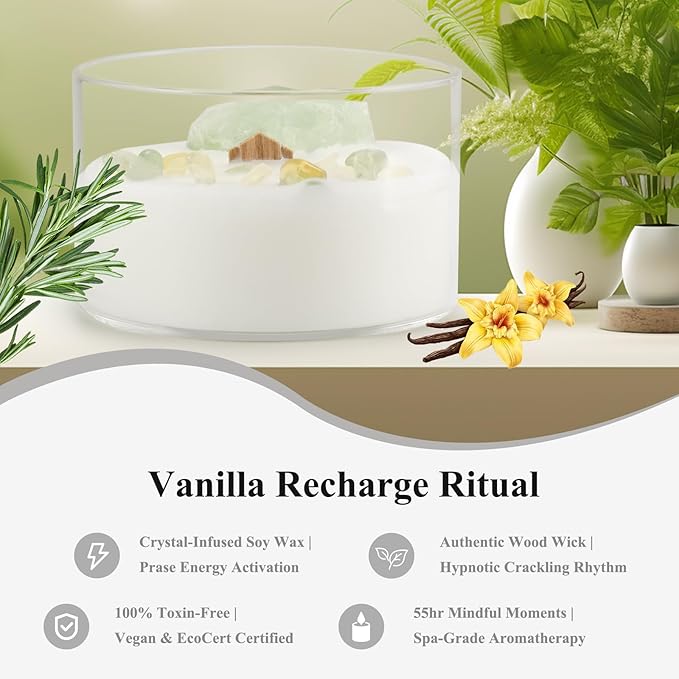 Premium Vanilla Scented Soy Candles with Wood Wick & Healing Crystals Inside, 55-Hour Non-Toxic Aromatherapy Home Scented Candle Gifts for Women, Mom, Birthday, Meditation, Spa (7oz)