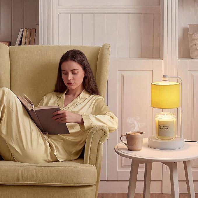 Candle Warmer Lamp with Timer, Dimmable Candle Wax Warmer, Height Adjustable Electric Candle Lamp Warmer with 2 Bulbs, Gifts Idea for Women Her, Mom, Vintage Home Decor for Bedroom-Yellow