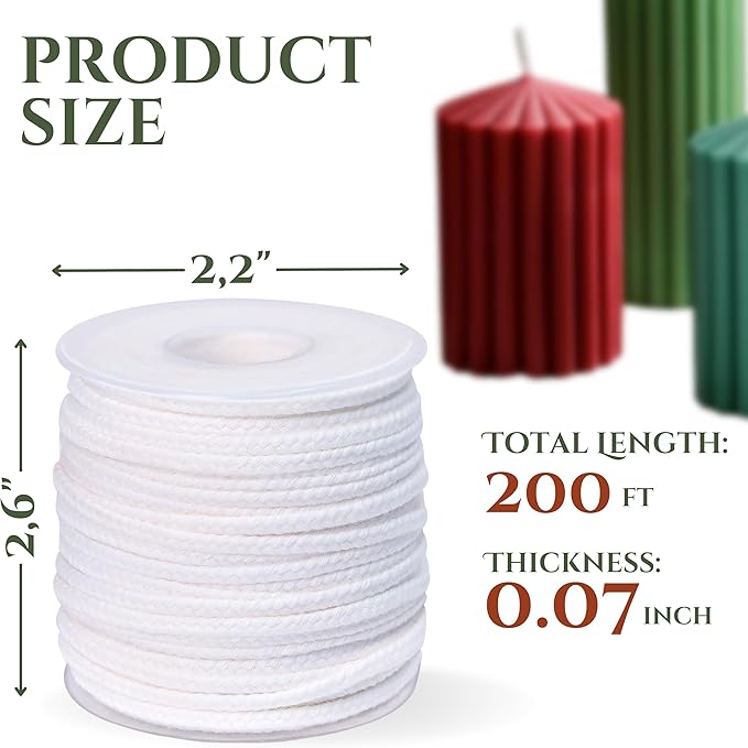 24 PLY Braided Candle Wick Spool White Woven Wicks Cord for Candle Making 200 Foot Lacing Roll for DIY Craft Cotton Cord