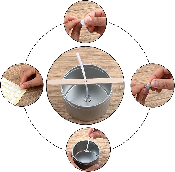 MILIVIXAY 300pcs Cotton Candle Wicks (3.5"/6"/8"), 300pcs Stickers, 6pcs Wooden Wick Holders - Candle Making Kit