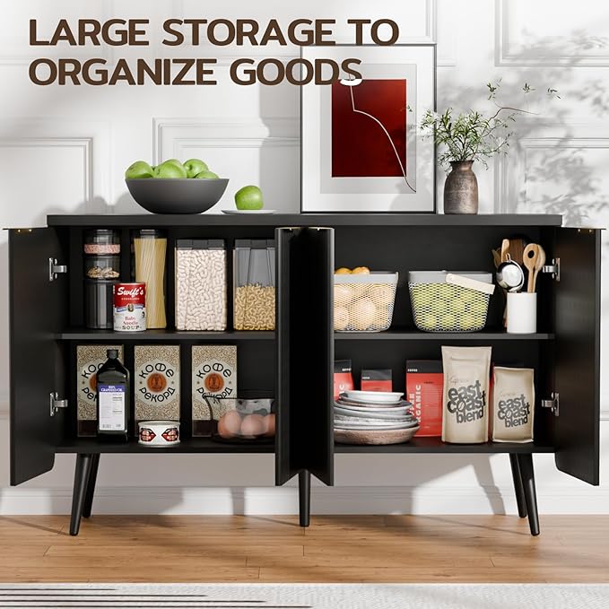 47.2" Sideboard Buffet Cabinet with Storage, Modern Fluted Accent Credenza with 4 Doors, Buffet Media Console Entryway Cabinets with Adjustable Shelves for Living Dining Room Hallway, Black