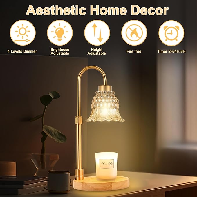 Candle Warmer Lamp with Timer & 3 Bulbs, Dimmable Electric CandleLight Adjustable Height and Brightness Candle Wax Warmer for Jar Candles Bedroom Home Decor House Warming Gift for Women (Amber)