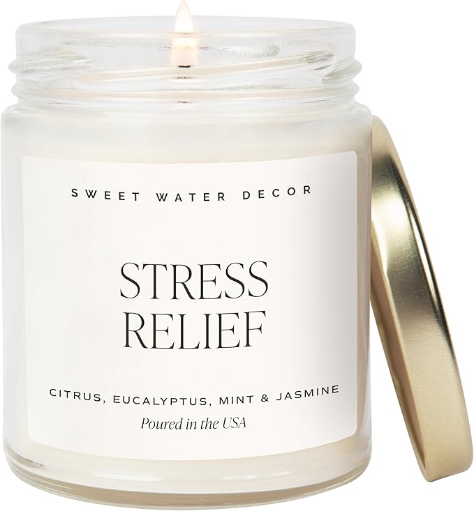 Sweet Water Decor Stress Relief Soy Candle - Lemon, Eucalyptus, Mint, Jasmine Scented Relaxing Candles for Home - 9oz Clear Jar + Gold Lid, 40+ Hour Burn Time, Made in The USA
