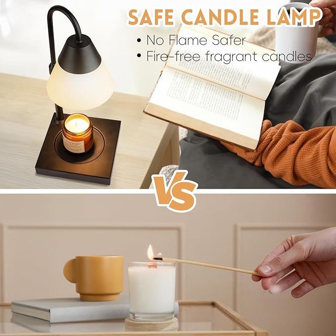 LALISU Candle Warmer Lamp, Dimmable Metal Candle Lamp Warmer Height Adjustable, Compatible with Candle and 3 Wick Large Jars Scented Wax for Home Decor (Glass-Black)