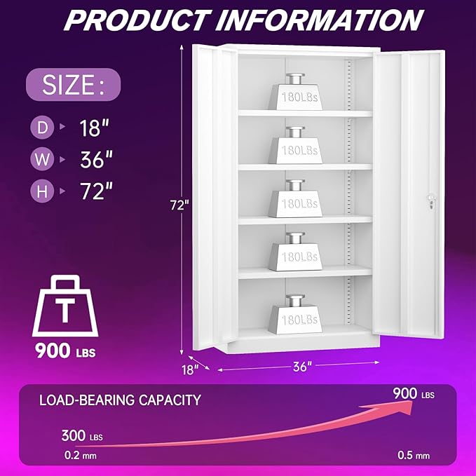 Superday Metal Storage Cabinets, 72" Storage Cabinet with Locking Door, Tall Garage Cabinet with 2 Doors and 4 Adjustable Shelves for Home Office, Classroom, Easy Assemble(White)