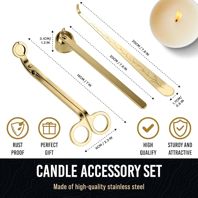Craft911 Elegant 3-in-1 Golden Candle Care Kit: Wick Trimmer, Snuffer, Dipper for Candle Enthusiasts