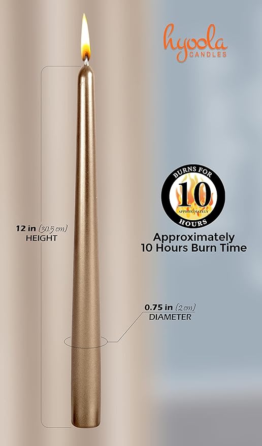 Hyoola Tall Metallic Antique Gold Taper Candles - 12 Inch - Dripless - 12 Pack - 10 Hour Burn Time