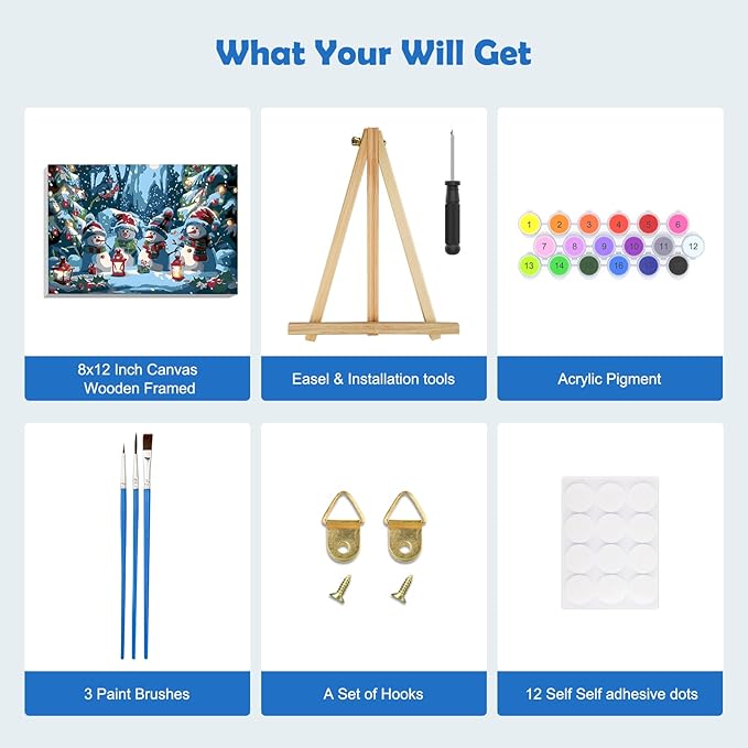 MOGTAA Christmas Paint by Numbers Kit for Adults Beginners with Frame, Snowman Adult Paint by Number Kits on Canvas with Easel, Easy DIY Xmas Winter Oil Painting Kits for Home Decor, 8x12in