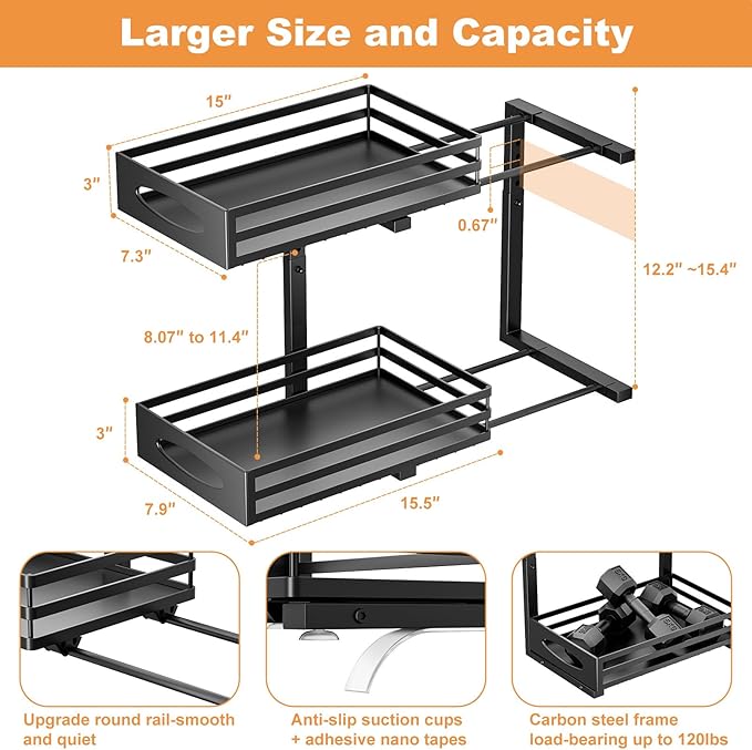Under Sink Organizer, 2 Tier Under Sink Organizers and Storage, Adjustable Height, Slide out Metal Cabinet Organizers, Pull out Cabinet Storage Drawer Shelf for Kitchen Bathroom (Black, 2)