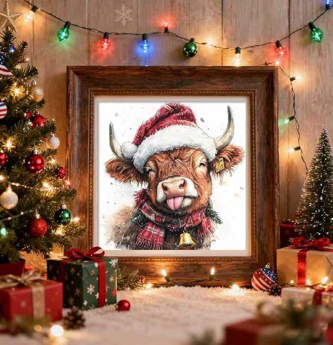 TCDZMYGS Paint by Numbers Kit for Adults Beginner,Christmas Highland Cow Paint by Number Kits with Frame,DIY Acrylic Oil Painting by Numbers for Home Wall Decor 10 x 10 inch