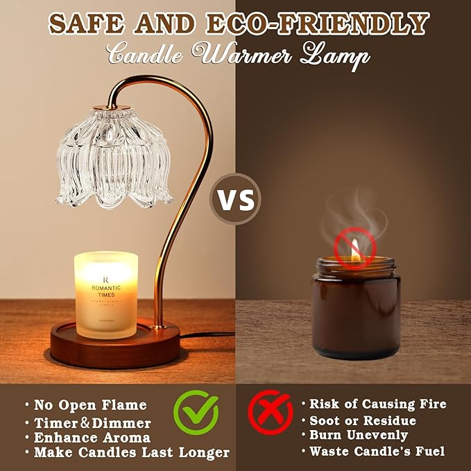 Funistree White Clear Candle Warmer Lamp with Timer Dimmer, Flower Candle lamp Warmer, 2 Bulbs, Wax Melter Warmer for Jar Scented Candles, Christmas Birthday Gifts Ideas for Women Mom