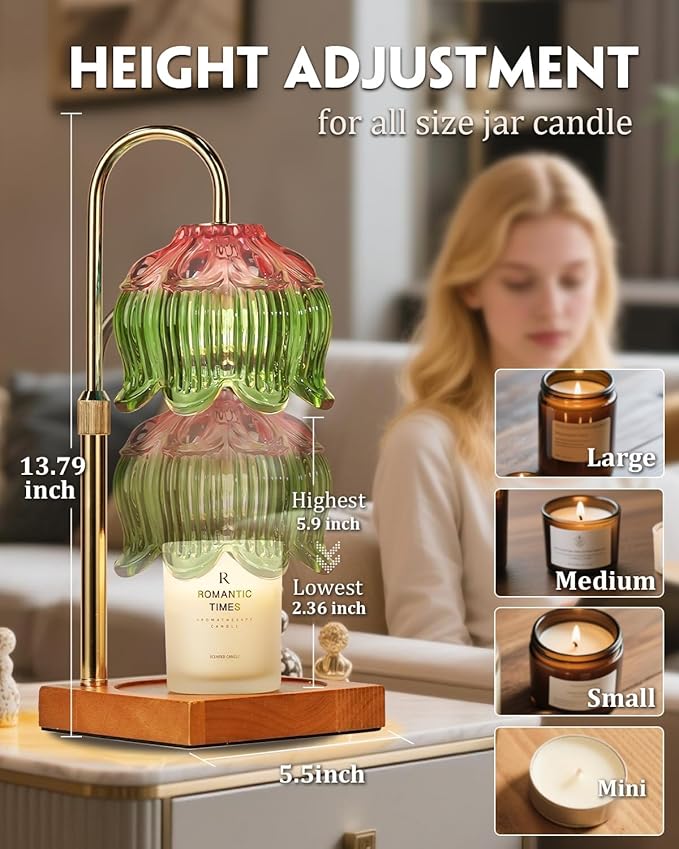 Flower Candle Warmer Lamp with Timer Dimmable, Adjustable Height Mothers Day Birthday Gifts for Women Mom House Warming Gifts New Home Bedroom Decor, Candle Warmer Light for Jar Candle Pink Green