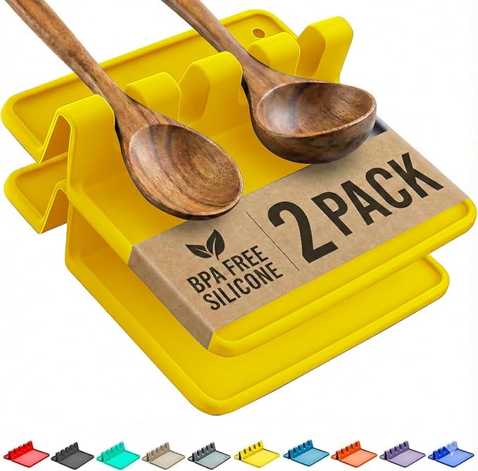 Cooler Kitchen Yellow Silicone Spoon Rest for Stove Top with Drip Pad (Two Pack) - Heat Resistant BPA Free Utensil Rest & Spoon Holder for Kitchen Counter - Grill Utensil Holder - Spatula Holder