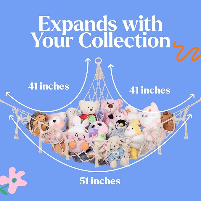 Lilly's Love Stuffed Animal Storage Macrame Hammock, Large - Boho Room Decor Toy Storage - Corner Hanging Plushie Stuffed Animal Net Organizer (White)