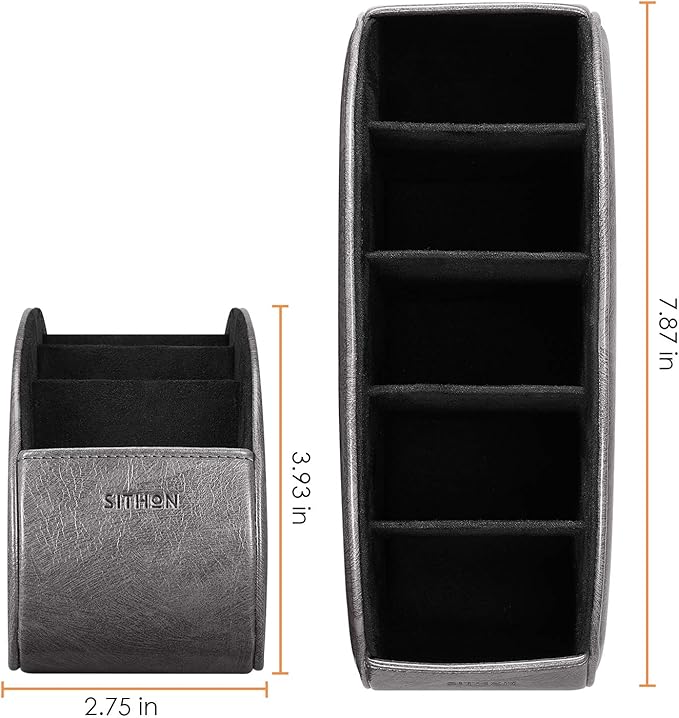 SITHON Remote Control Holder with 5 Compartments - PU Leather Remote Caddy Desktop Organizer Store TV, DVD, Blu-Ray, Media Player, Heater Controllers, Dark Gray
