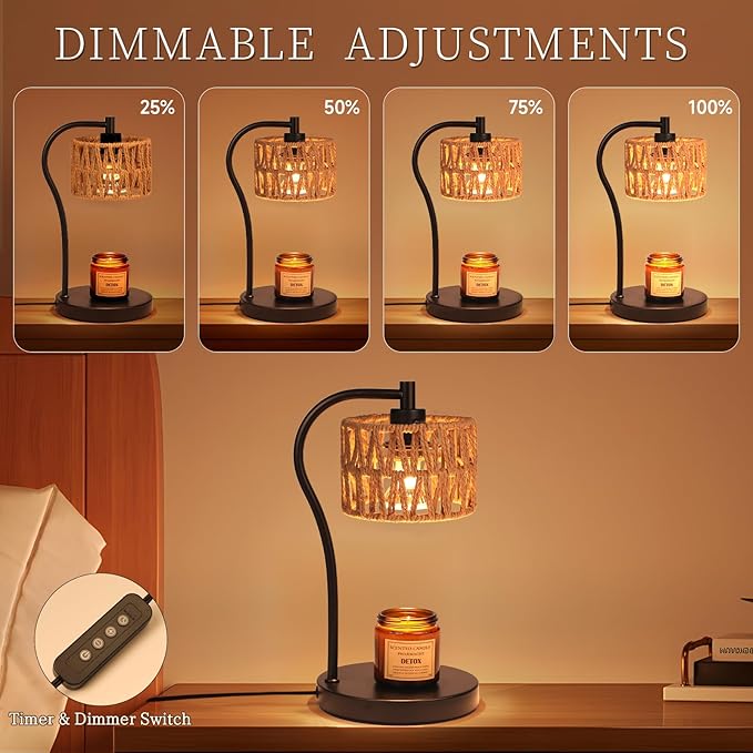 Ruiever Candle Warmer Lamp, Rattan Candle Heater with 2 Light Bulbs, Dimmable and Timer Melt Warmer for Scented Jar Candles Aromatic Holders for Home Room,Bedroom Living Room