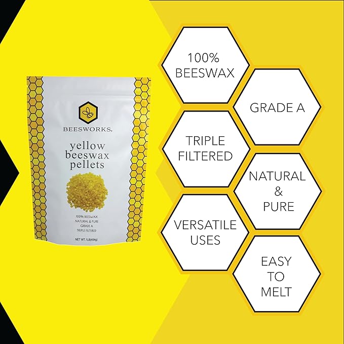 Beesworks Yellow Beeswax Pellets (1 lb) | 100% Pure, Cosmetic Grade, Triple-Filtered Beeswax for DIY Skin Care, Lip Balm, Lotion, and Candle Making