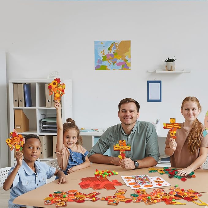 Funrous 48 Sets Fall Christian Kit Bulk Thanksgiving Cross Paper Crafts Religious Jesus Blessing Hanging Ornaments with Glitter Leaf Pompoms Stickers for Sunday School Classroom Activity Church