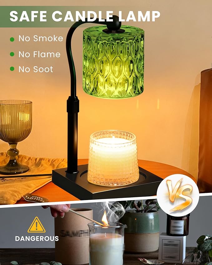 Candle Warmer Lamp Adjustable Height with Timer Dimmer, Dimmable Glass Wax Melt Warmer Light for Scented Jar, Present for Women Candle Lovers Christmas House Warming Home Decor Brithday, Green