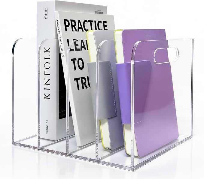 Acrylic Magazine File Holder, 4 Vertical Compartments Desk Document Sorter Organizer, Clear Folder Rack Binder for Office/Documents/Classroom, for Home, Tablet, Magazines, Books & Accessories