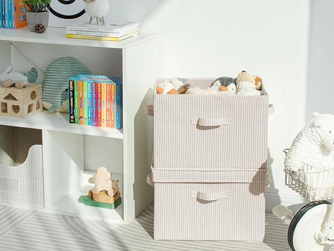 StorageWorks Fabric Storage Bins with Lid, Decorative Storage Boxes for Shelves, Stackable Closet Organizer Basket with Handles, Jumbo, Khaki and Beige Stripes, 2-Pack