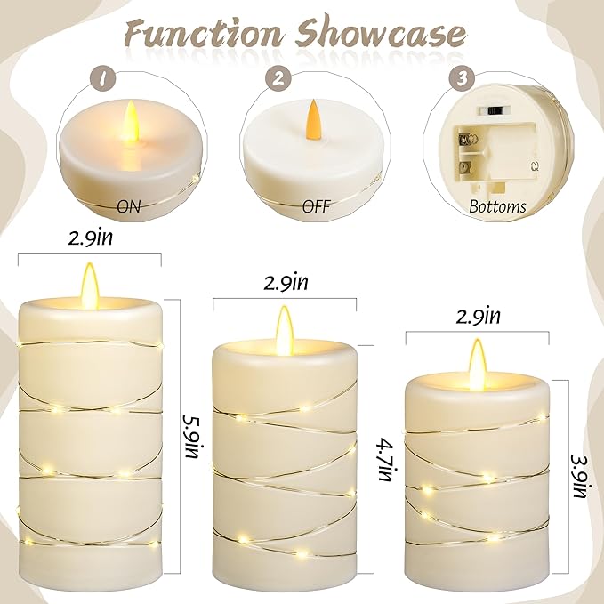 HaitanghuaFlickering flameless Candles, Battery-Powered, with String Lights, Remote Control, Timer, Realistic Plastic Pillar Candles, Ivory White, Set of 3,Durable and Long-Lasting