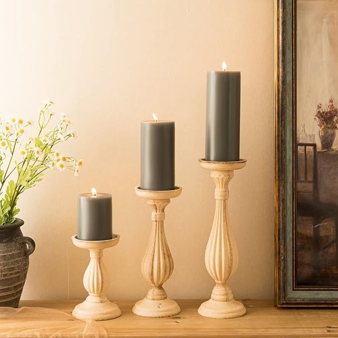 MOZEAL 3" x 6" Hand-Poured Unscented Candle,Dripless Pillar Candle Set of 3,Long Lasting Burning,Approx 120 Hours Burn Time,Rustic Country Style,for Wedding,Dinner,Christmas and Home Decor,Gray
