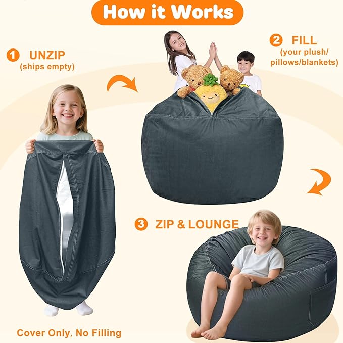 Lukeight Stuffed Animals Storage Bean Bag Chair Cover Only (Ships Empty, No Filling) - Velvet YKK Zipper Beanbag Cover for Kids and Big kids, Washable Plush Toy Organizer, X-Large 30" D x 18" H