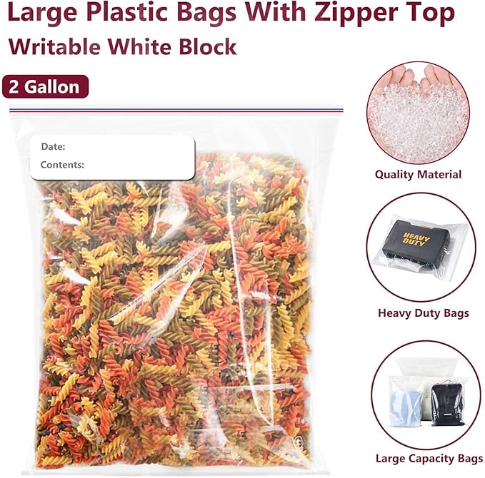 Large Plastic Bags With Zipper Top and Writable White Block, 2 Gallon,13x15in,2-Mil Thick,25 Pack,Storage Bags for Clothes,Travel, Moving, Reusable,Heavy-Duty,BPA-Free, Clear Plastic