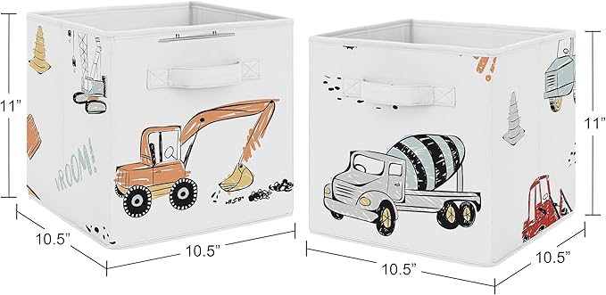 Sweet Jojo Designs Construction Truck Foldable Fabric Storage Cube Bins Boxes Organizer Toys Kids Baby Childrens - Set of 2 - Grey Yellow Orange Red and Blue Transportation