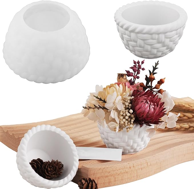 1 Pc Woven Flower Basket Resin Casting Silicone Mold Flower Pot Vase Epoxy Mold for Plaster Cement Concrete DIY Jewelry Small Ornament Trays Party Favors Home Decorations Candle Making