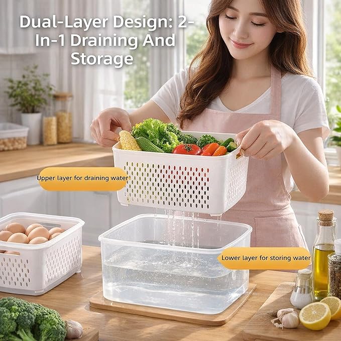 QUROXO 4 in 1 Food Storage Container-3 Piece Set, Household Transparent Plastic Food Storage Box with Lids, Food Fruit Storage Containers for Fridge with Drain Basket (Blue)