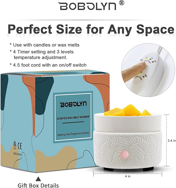 Candle Wax Melts Warmer Burner - Ceramic Essential Oil Warmer 3-in-1 candle warmer Timer Adjust Fragrance Intensity Auto Shut Off for Scented Wax Tart Cube Aromatherapy Home Office Bedroom Decor Gifts