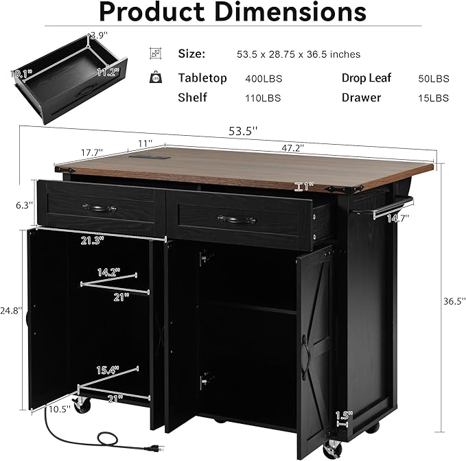 Amposei Farmhouse Rolling Kitchen Island with Power Outlet, Drop Leaf Breakfast Bar, Wooden Mobile Storage Island Cart on Wheels with Drawers, Spice Rack for Kitchen Dining Room (Black)