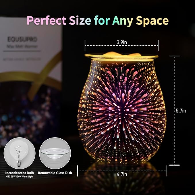 EQUSUPRO 3D Glass Electric Wax Melts Warmer Wax Burner Melter Fragrance Warmer for Home Office Bedroom Living Room Gifts & Decor (3D Fireworks)