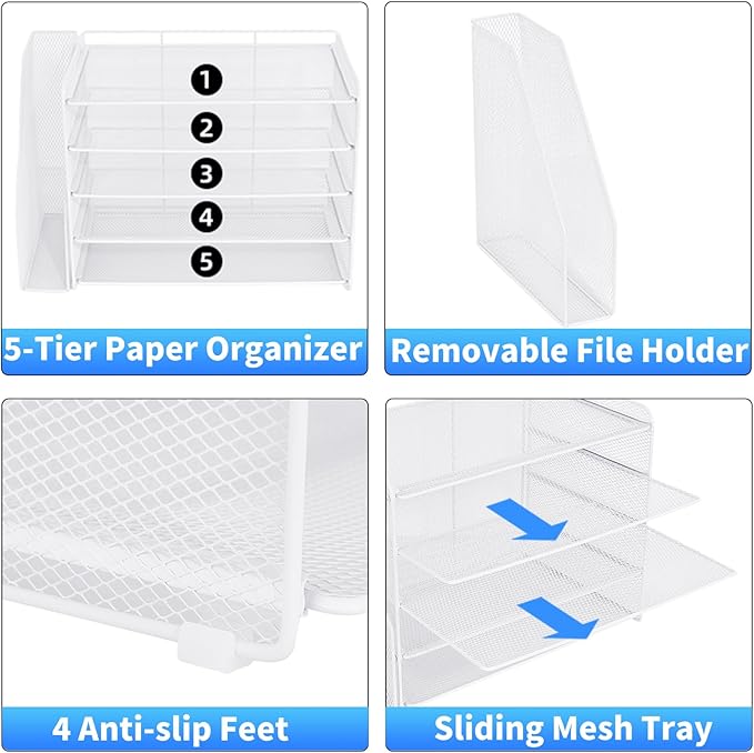 OPNICE Desk Organizer, 5-Tier Paper Organizer Letter Tray with Magazine Holder, Office Desk Accessories & Workspace Organizers, Desktop File Organizer for Office Supplies Storage, White
