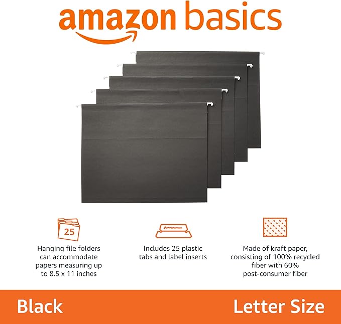 Amazon Basics Hanging File Folders with Adjustable Tabs for Document Organization, Letter Size, 8.5x11 inches, Black, 25-Pack