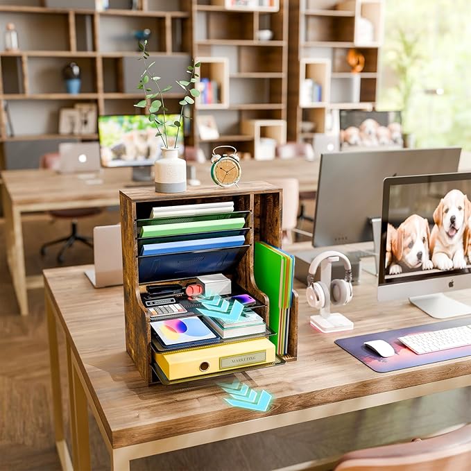 Simple Trending 7 Tier Desk File Organizer, Wooden Letter Tray Paper Organizer with Adjustable File Holder, Mesh Desktop Organizer and Storage for Office Supplies