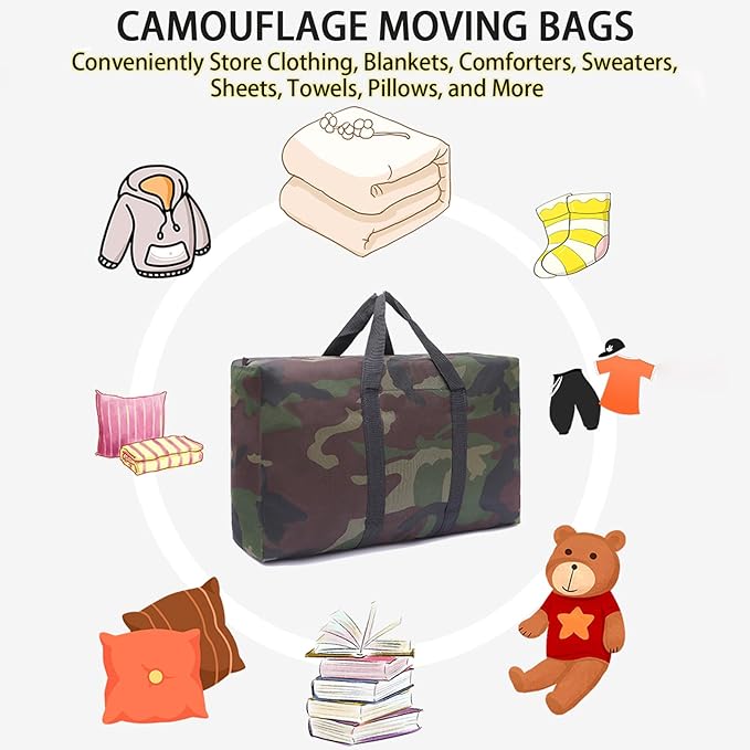 8 Packs Camouflage Extra Large Moving Bags, 125L Heavy Duty Storage Bags, Waterproof Oxford Storage Tote Duffle Bag with Zippers for Clothes, Bedding, Comforters, Pillows, Moving