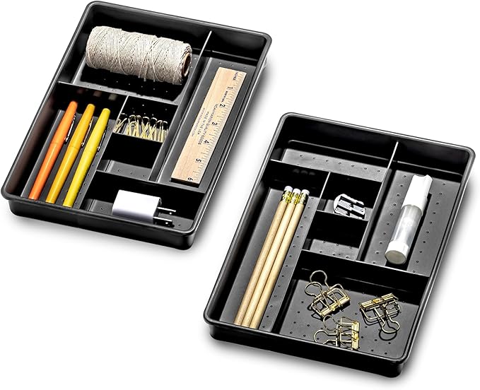 madesmart Two-Piece Drawer Organizer, 12-Compartment Drawer Storage for Utensils, Tools & Household Essentials, Durable Non-Slip Design, Carbon
