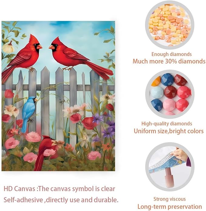 GUAIEUW Fence Red Bird Flowers Diamond Painting Kit for Adults, Full Round Diamond Cardinal Bird 5D Diamond Painting DIY Art Crafts for Winter Home Wall Decor Holiday Gift 16x20 Inch