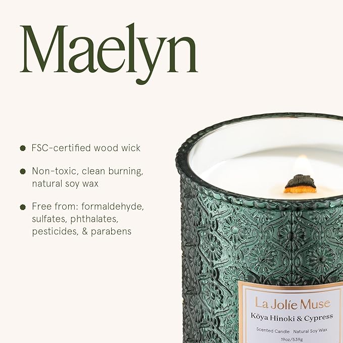 LA JOLIE MUSE Kōya Hinoki & Cypress Candle | Pine, Hinoki & Cedarwood | 19 oz Wooden Wick Soy Candle | 90-Hour Burn | Daily Relaxation & Cozy Ambiance