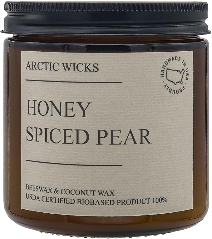Arctic Wicks Handcrafted Candles | Non Toxic Coconut Beeswax Candles 16oz Double Wick | 100% USDA Certified Biobased, Handmade, Premium Waxes, Non-Toxic (Honey Spiced Pear, 16oz Amber Jar)