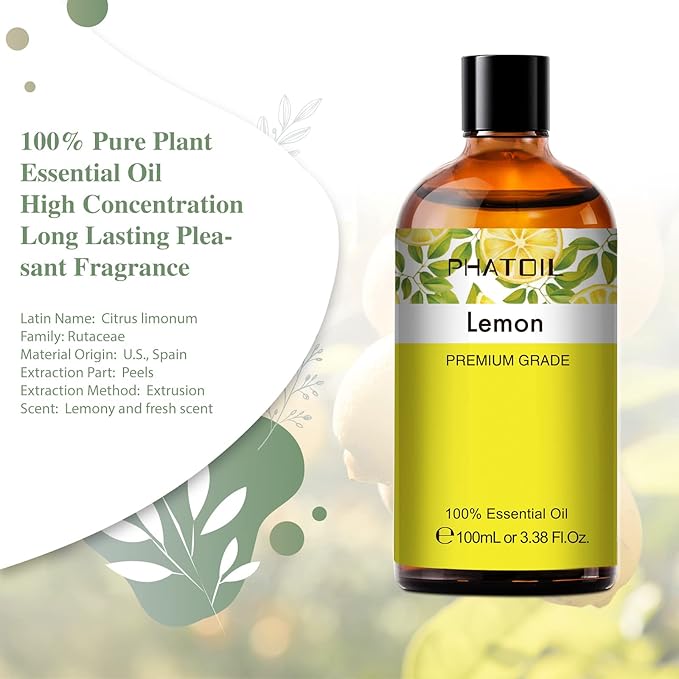 PHATOIL 3.38FL.Oz Lemon Essential Oil, for Aromatherapy Diffusers, Humidifiers, Great for DIY Candle and Soap Making, Gift for Friend