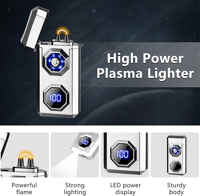 SKRFIRE Electric Lighter Rechargeable USB C Arc Plasma High Power Flame Cool Windproof Electronic Candle Lighter with LED Flashlight for Candle, Firework, Incense (Sliver)
