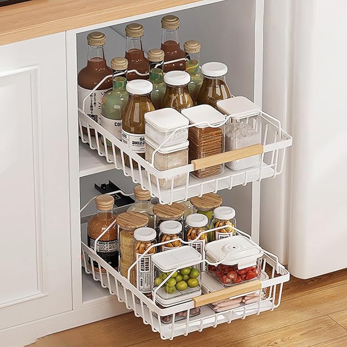 2 Pack No Drill Pull Out Cabinet Organizer, Premium Carbon Steel Slide-Out Drawer with strong nano adhesive, Under Cabinet Storage Shelf for Kitchen, Pantry, Bathroom, White