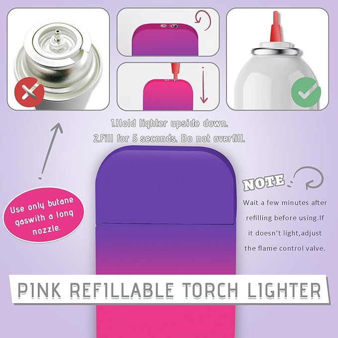 Torch Windproof Pink Flame Lighter Cute Glittery Refillable Butane Pocket Pink Lighter for Women Daily Use, Birthdays, Anniversary,Camping,Candle (Butane Not Included) (Purple&Pink) (Black&Pink)