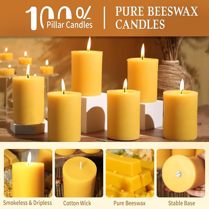 Natural Beeswax Pillar Candle, 106 Hours Long Burning Emergency Candle 2.8x4in Unscented Organic Pillar Candles 100% Pure Bees Wax Candles for Home Paryer, 2 Packs