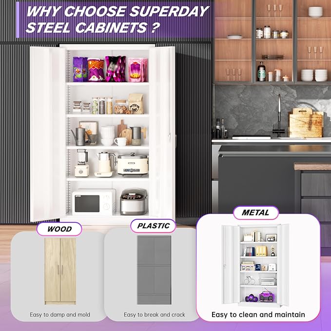Superday Metal Storage Cabinets, 72" Storage Cabinet with Locking Door, Tall Garage Cabinet with 2 Doors and 4 Adjustable Shelves for Home Office, Classroom, Easy Assemble(White)